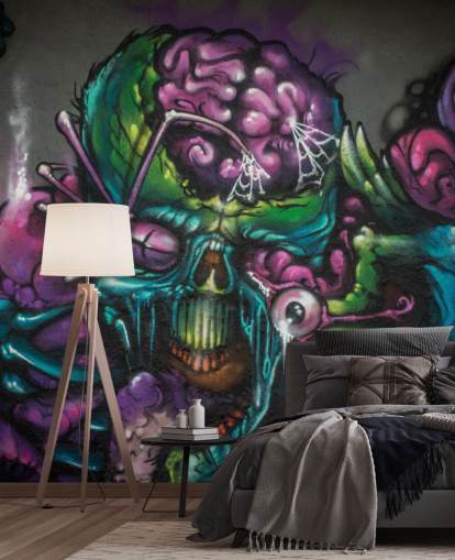 purple and green customisable alien graffiti wallpaper mural called Graffiti - Alien Creature for a teen bedroom