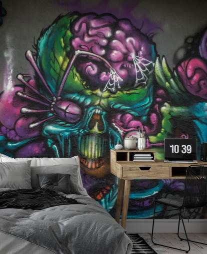 mural de papel pintado de graffiti alienígena personalizable en morado y verde llamado Graffiti - Alien Creature para una habitación de adolescentes