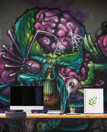 lilla og grønt tilpassbart fremmed graffiti tapetmaleri kalt Graffiti - Alien Creature for et tenåringssoverom