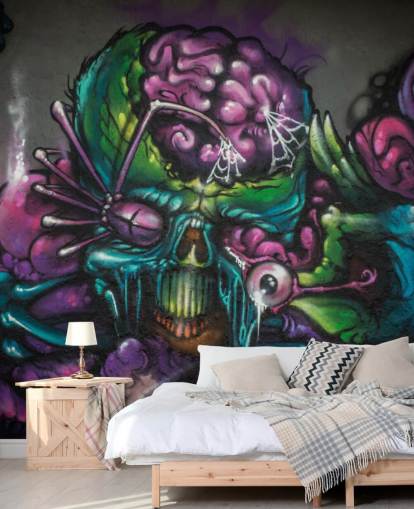 mural de papel pintado de graffiti alienígena personalizable en morado y verde llamado Graffiti - Alien Creature para una habitación de adolescentes mural de papel pintado de graffiti alienígena personalizable en morado y verde llamado Graffiti - Alien Creature para una habitación de adolescentes
