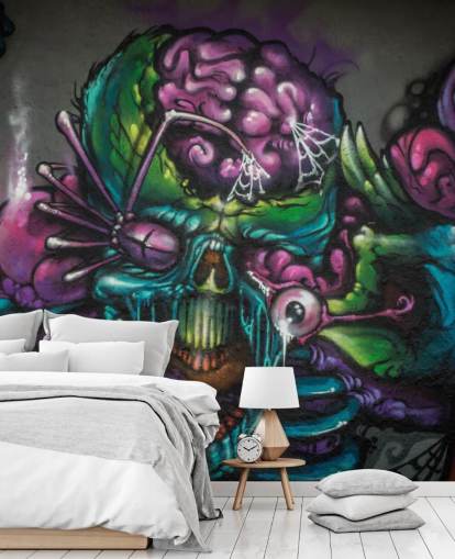 purple and green customizable alien graffiti wallpaper mural called Graffiti - Alien Creature for a teen bedroom