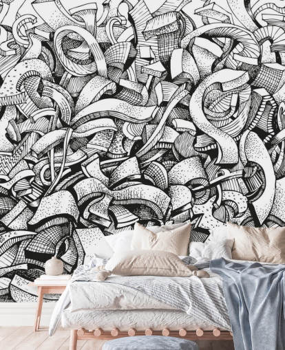 Zwart en wit getekend abstract behang