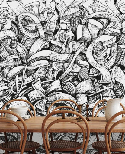 Papel de parede abstrato desenhado em preto e branco