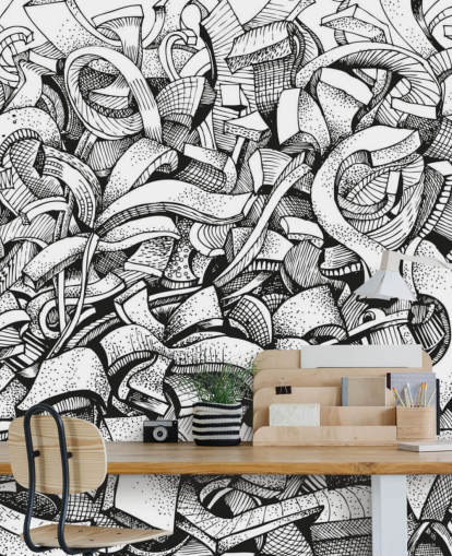 Zwart en wit getekend abstract behang