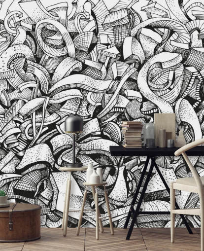 Papel de parede abstrato desenhado em preto e branco