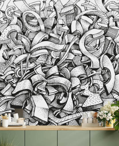 Zwart en wit getekend abstract behang