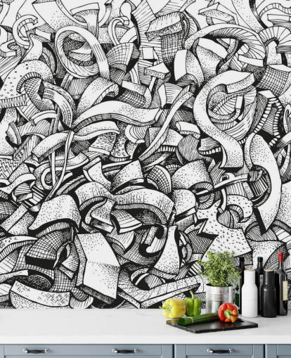 Papel de parede abstrato desenhado em preto e branco