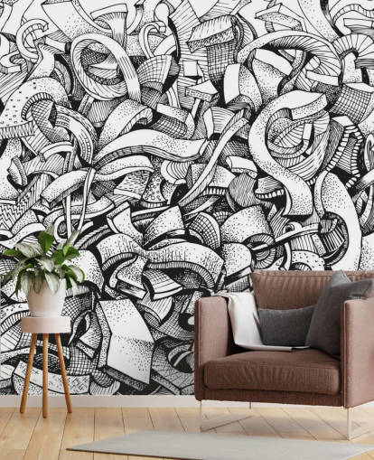 Papier peint abstrait dessiné en noir et blanc