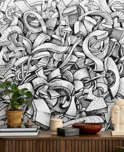 Papel pintado abstracto dibujado en blanco y negro