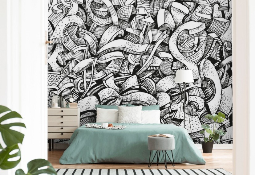 Zwart en wit getekend abstract behang