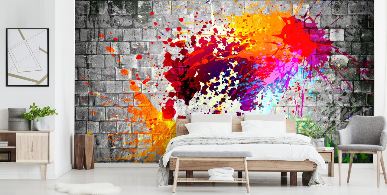 aanpasbare graffitibehangmuurschildering genaamd Ink Splatter voor de tienerkamer