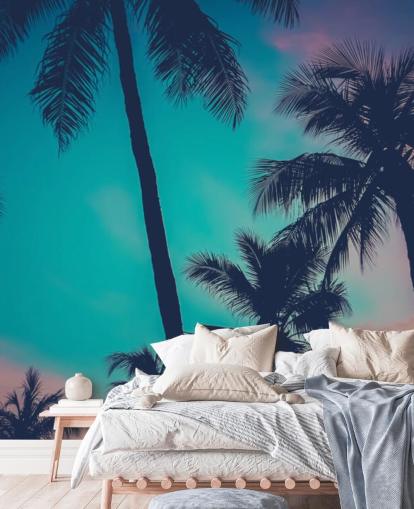 black palm tree silhouettes against blue, pink and orange skies wallpaper