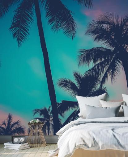 black palm tree silhouettes against blue, pink and orange skies wallpaper black palm tree silhouettes against blue, pink and orange skies wallpaper