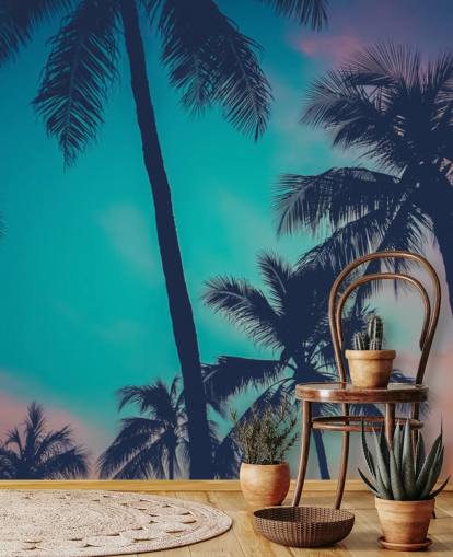 black palm tree silhouettes against blue, pink and orange skies wallpaper