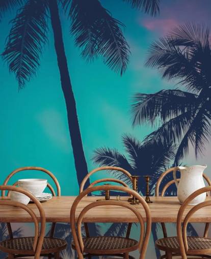 black palm tree silhouettes against blue, pink and orange skies wallpaper