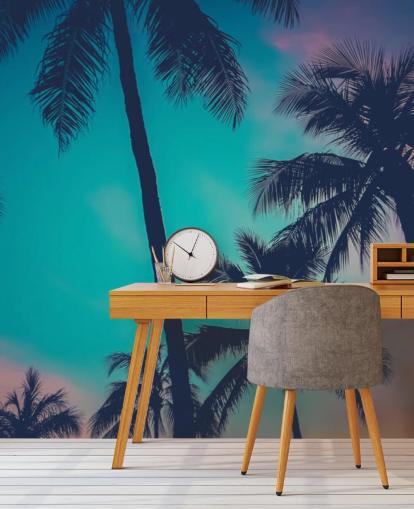 black palm tree silhouettes against blue, pink and orange skies wallpaper