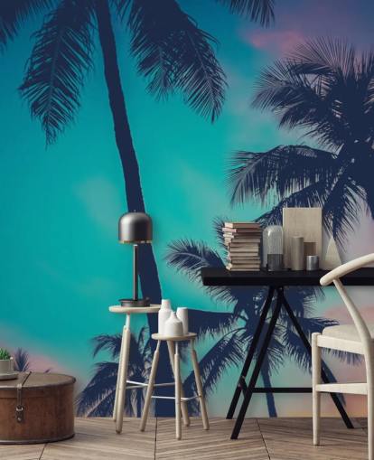 black palm tree silhouettes against blue, pink and orange skies wallpaper