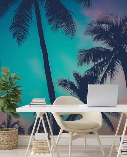 black palm tree silhouettes against blue, pink and orange skies wallpaper