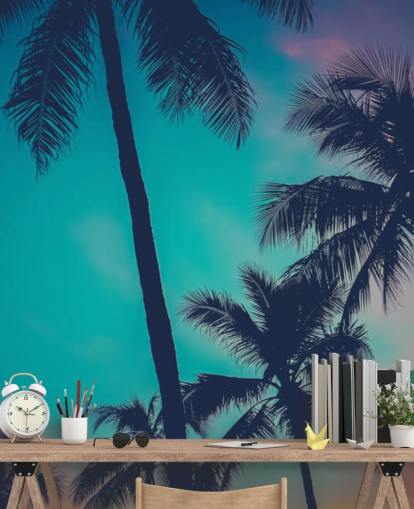 black palm tree silhouettes against blue, pink and orange skies wallpaper black palm tree silhouettes against blue, pink and orange skies wallpaper