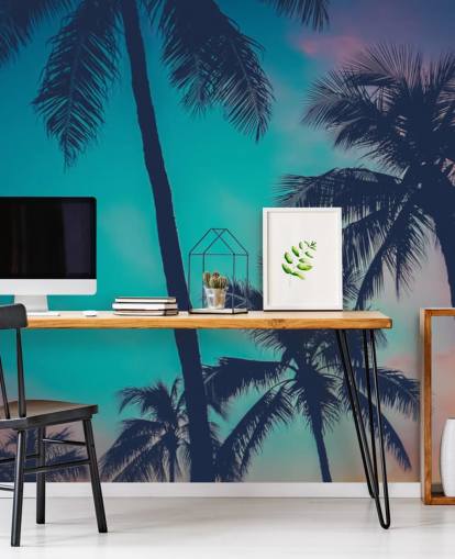 siluetas de palmeras negras contra el fondo de pantalla de cielos azules, rosados y naranjas siluetas de palmeras negras contra el fondo de pantalla de cielos azules, rosados y naranjas