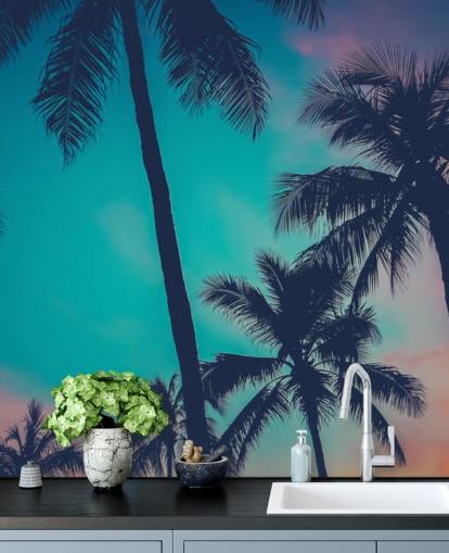 siluetas de palmeras negras contra el fondo de pantalla de cielos azules, rosados y naranjas siluetas de palmeras negras contra el fondo de pantalla de cielos azules, rosados y naranjas