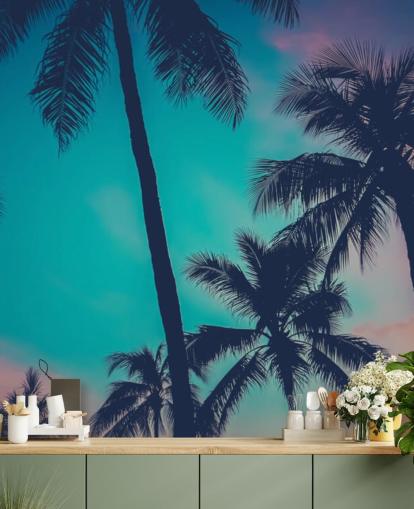 black palm tree silhouettes against blue, pink and orange skies wallpaper