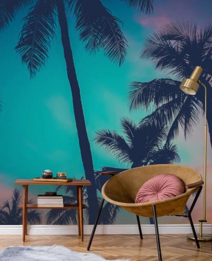 black palm tree silhouettes against blue, pink and orange skies wallpaper