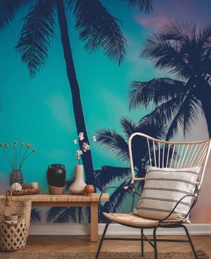 black palm tree silhouettes against blue, pink and orange skies wallpaper