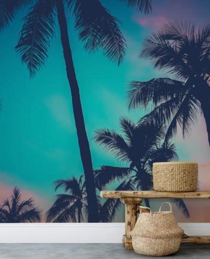 black palm tree silhouettes against blue, pink and orange skies wallpaper