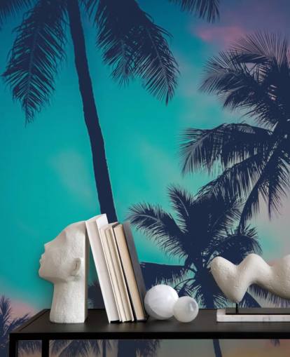 black palm tree silhouettes against blue, pink and orange skies wallpaper