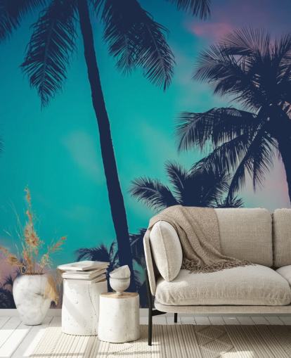 zwarte palmboomsilhouetten tegen blauwe, roze en oranje luchten behang