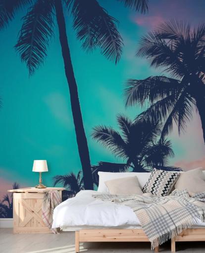 black palm tree silhouettes against blue, pink and orange skies wallpaper black palm tree silhouettes against blue, pink and orange skies wallpaper