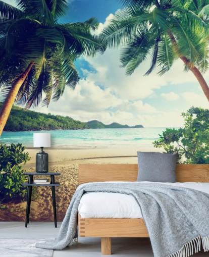 Decorazione murale con tramonto sulla spiaggia, isola di Mahe, Seychelles