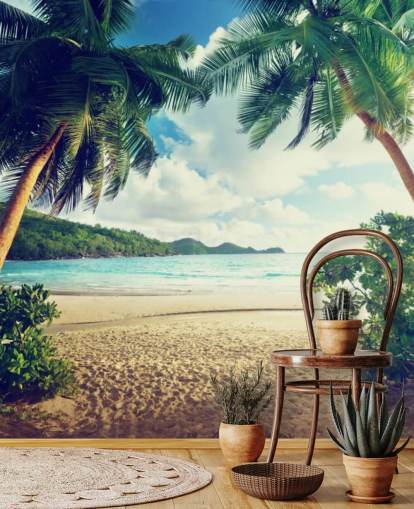 Decorazione murale con tramonto sulla spiaggia, isola di Mahe, Seychelles