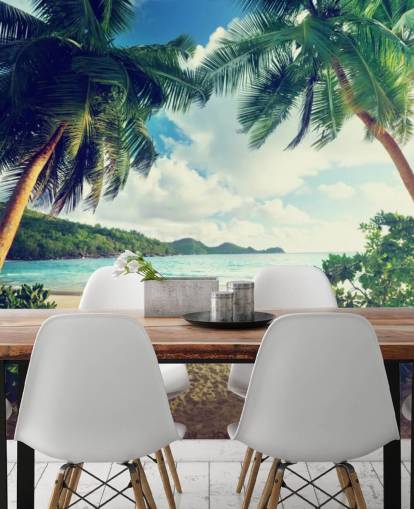 Decorazione murale con tramonto sulla spiaggia, isola di Mahe, Seychelles Decorazione murale con tramonto sulla spiaggia, isola di Mahe, Seychelles