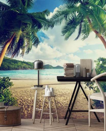 Pôr do sol na praia, Ilha de Mahé, Seychelles Mural