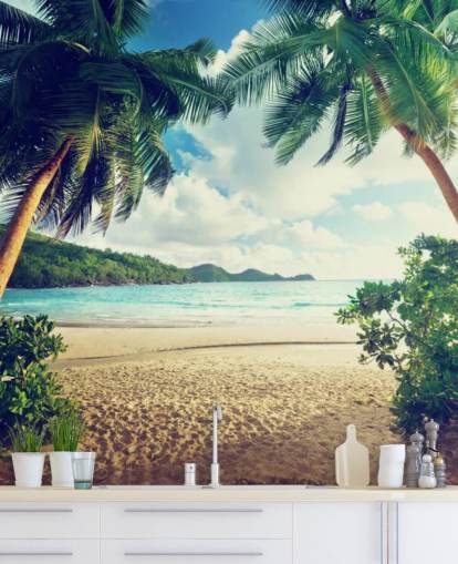 Decorazione murale con tramonto sulla spiaggia, isola di Mahe, Seychelles