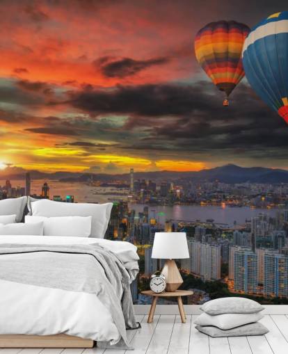 Heteluchtballon boven Hong Kong Hot Air Balloon over Hong Kong Wallpaper