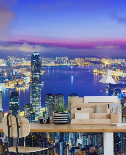 blue lit hong kong at night wallpaper