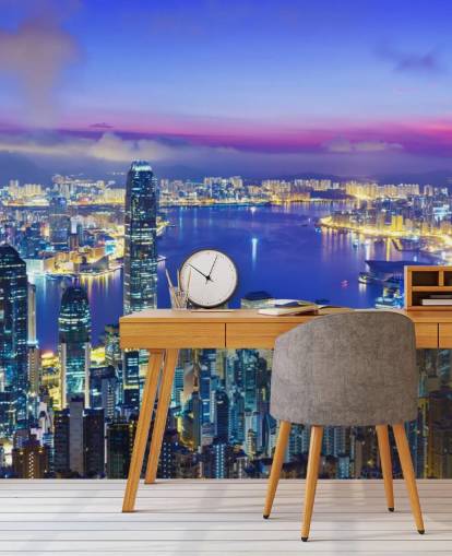 blau beleuchtete Hong Kong bei Nacht Tapete