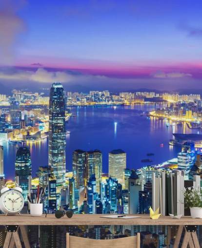 blue lit hong kong at night wallpaper