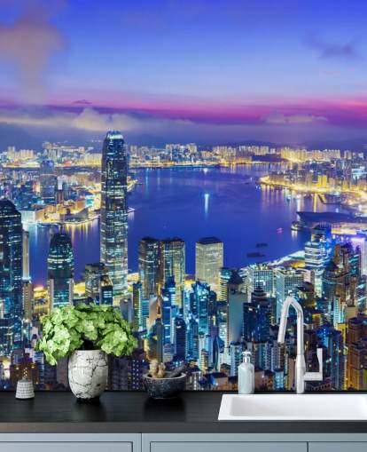 blue lit hong kong at night wallpaper