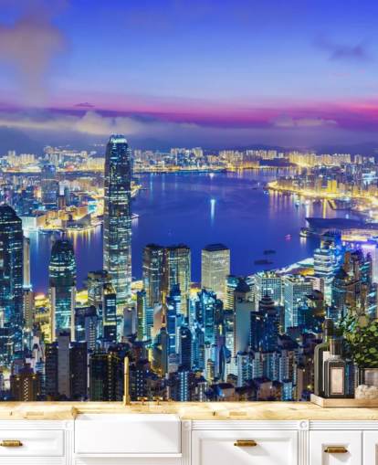 blue lit hong kong at night wallpaper