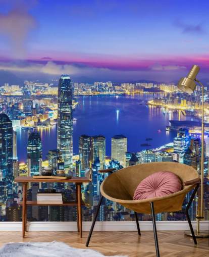 blue lit hong kong at night wallpaper