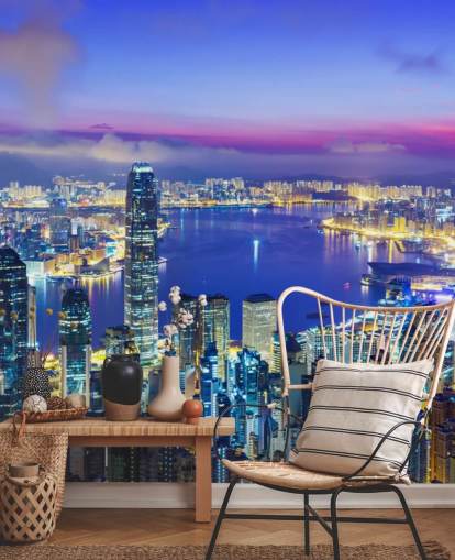 blue lit hong kong at night wallpaper