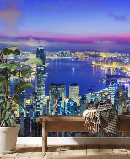 blue lit hong kong at night wallpaper