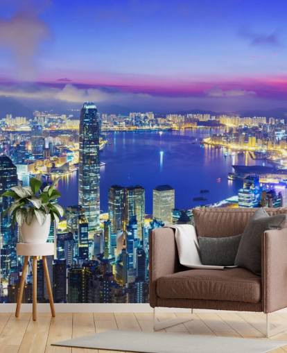 blau beleuchtete Hong Kong bei Nacht Tapete