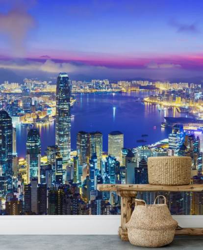 blue lit hong kong at night wallpaper