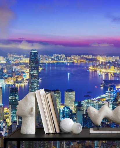 blue lit hong kong at night wallpaper