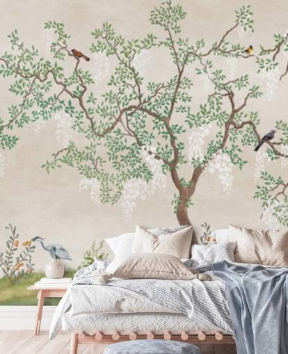 anpassat chinoiserie träd med fåglar tapetväggmålning som heter Calm Chinoiserie Tree för sovrum